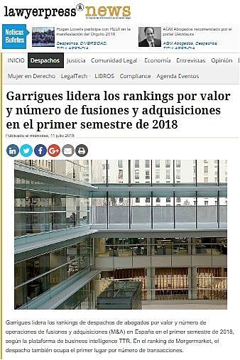 Garrigues lidera los rankings por valor y nmero de fusiones y adquisiciones en el primer semestre de 2018